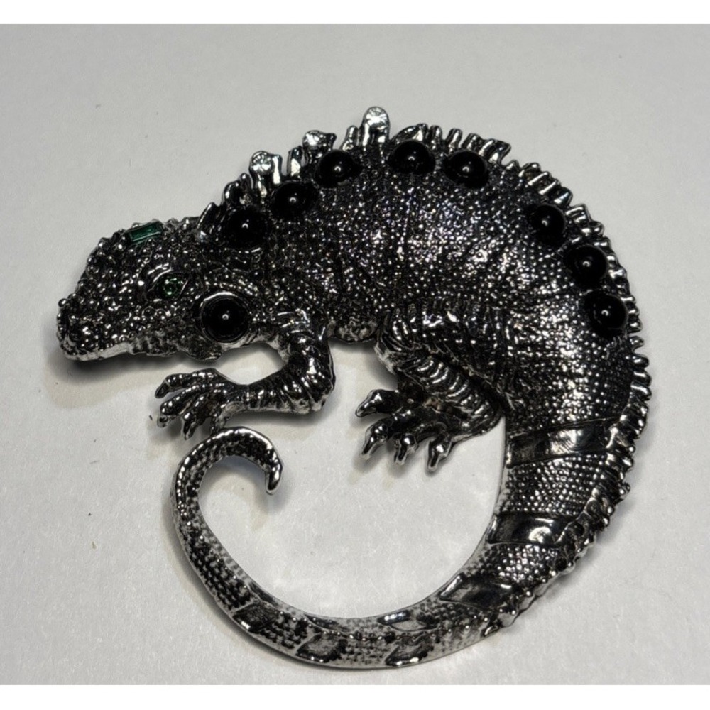 Iguana Lizard Brooch Silver Tone Black Green Rhinestones New Chameleon 2"